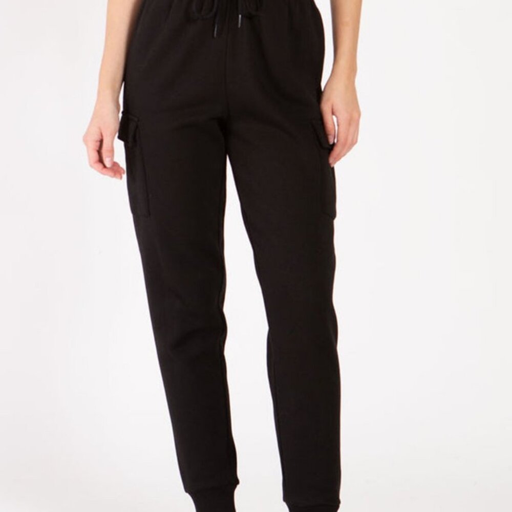 Black Cargo Fleece Jogger Sweatpants with a Cuffed Hem